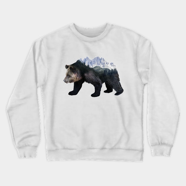 Dramabite Bear Double Exposure Surreal Wildlife Animal Mountains Crewneck Sweatshirt by dramabite